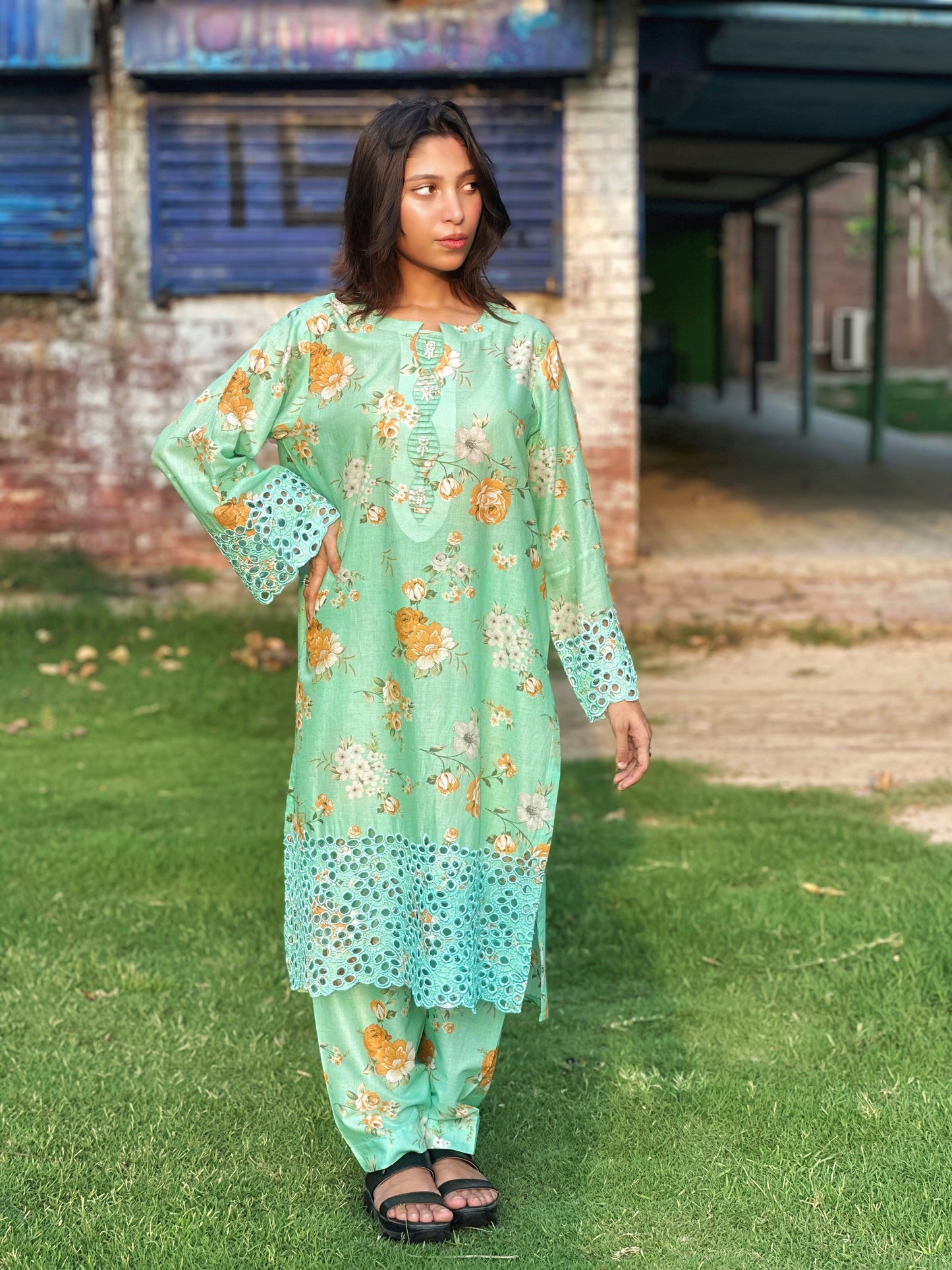 2 PC | Light-Green Printed Lawn