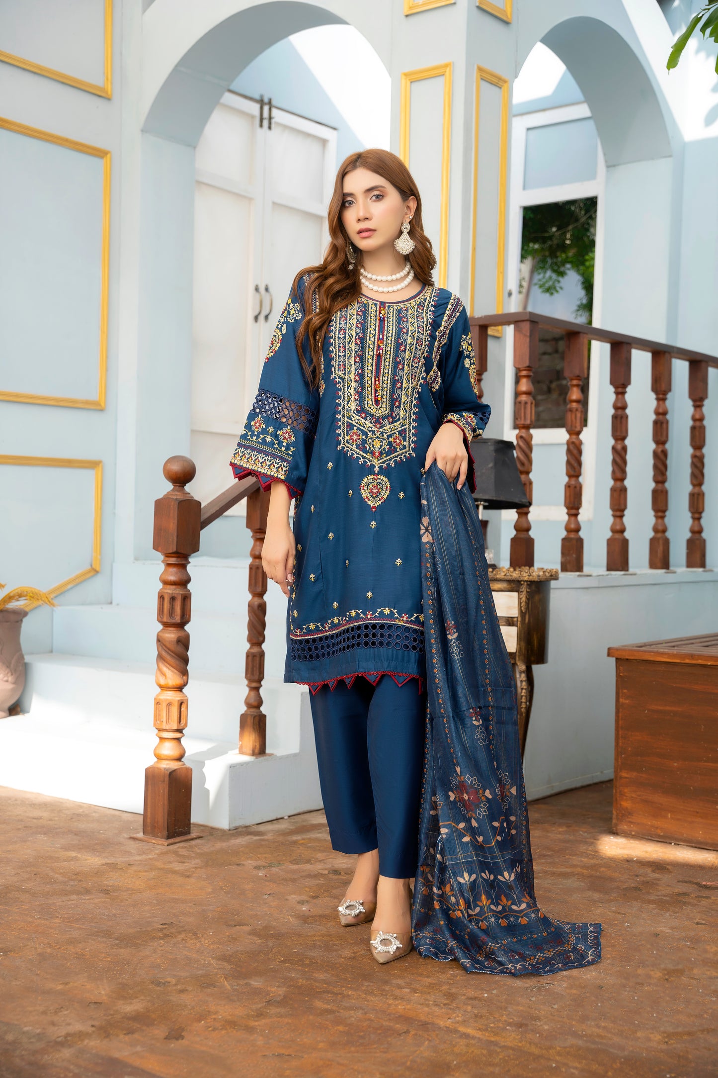 3 PC | Blue Embroidered Viscose