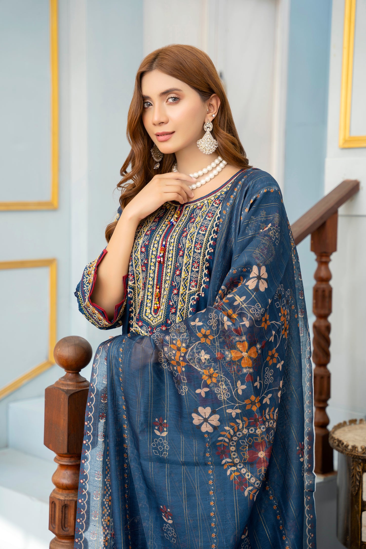 3 PC | Blue Embroidered Viscose