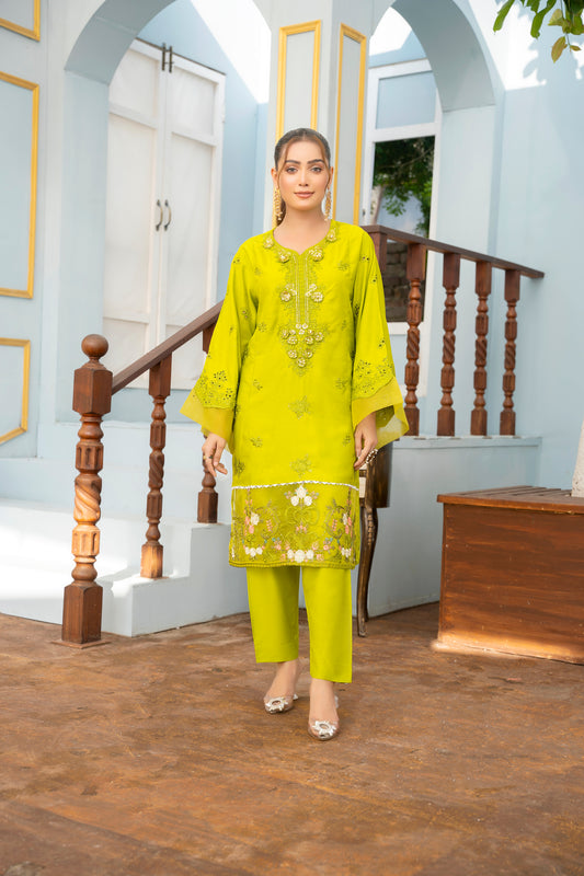 2 PC | Green Embroidered Viscose