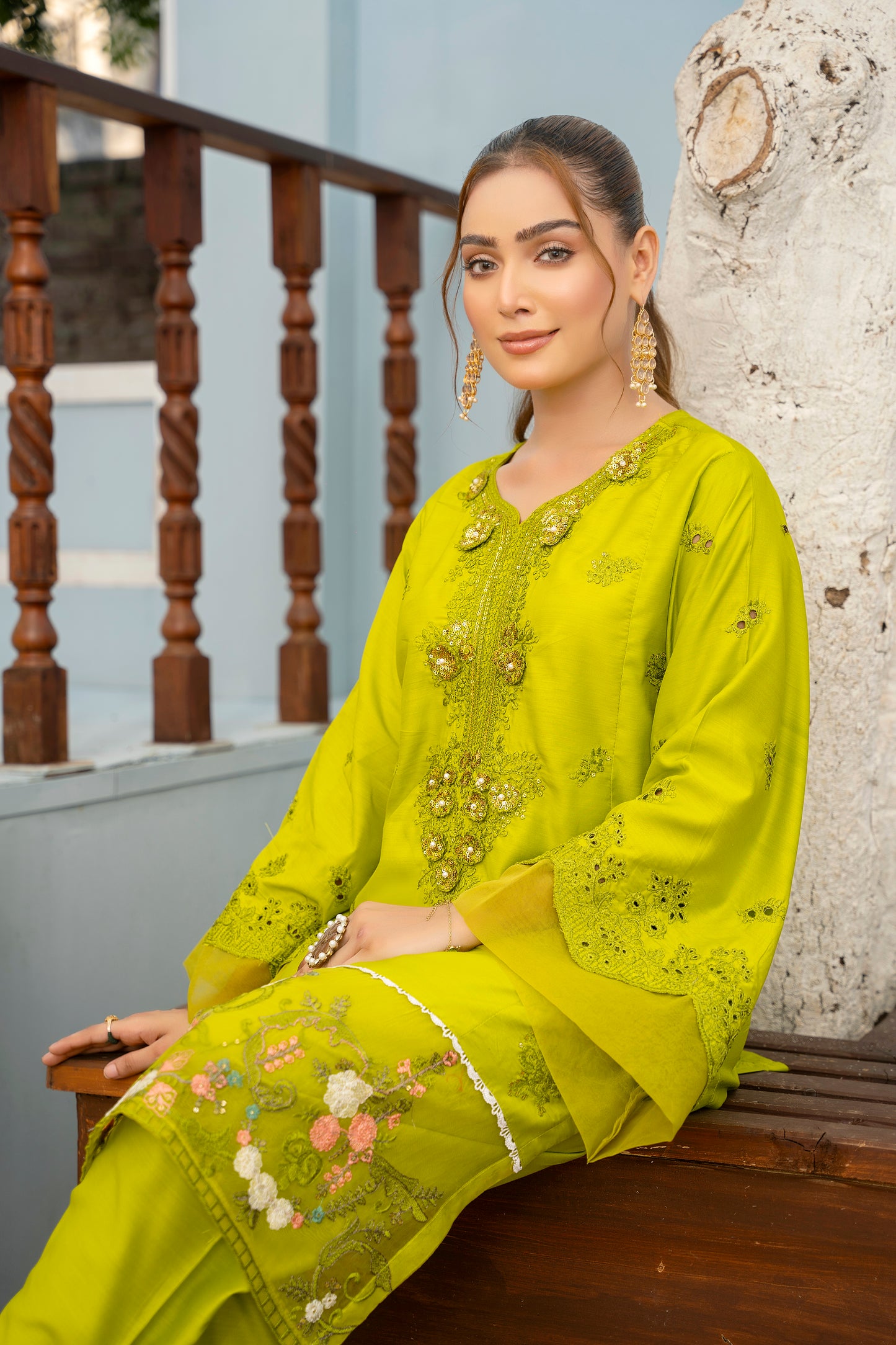 2 PC | Green Embroidered Viscose