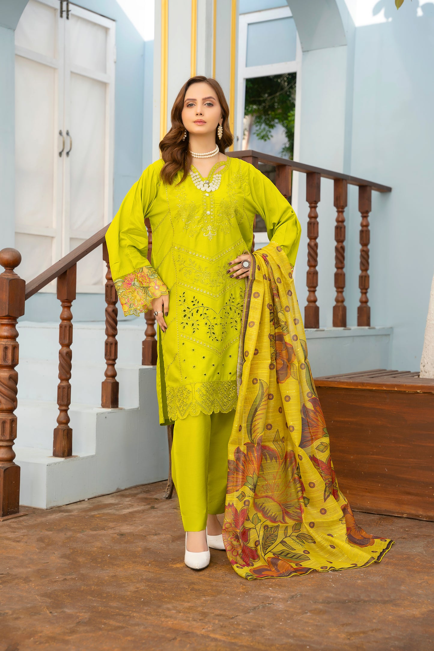 3 PC | Green Embroidered Viscose