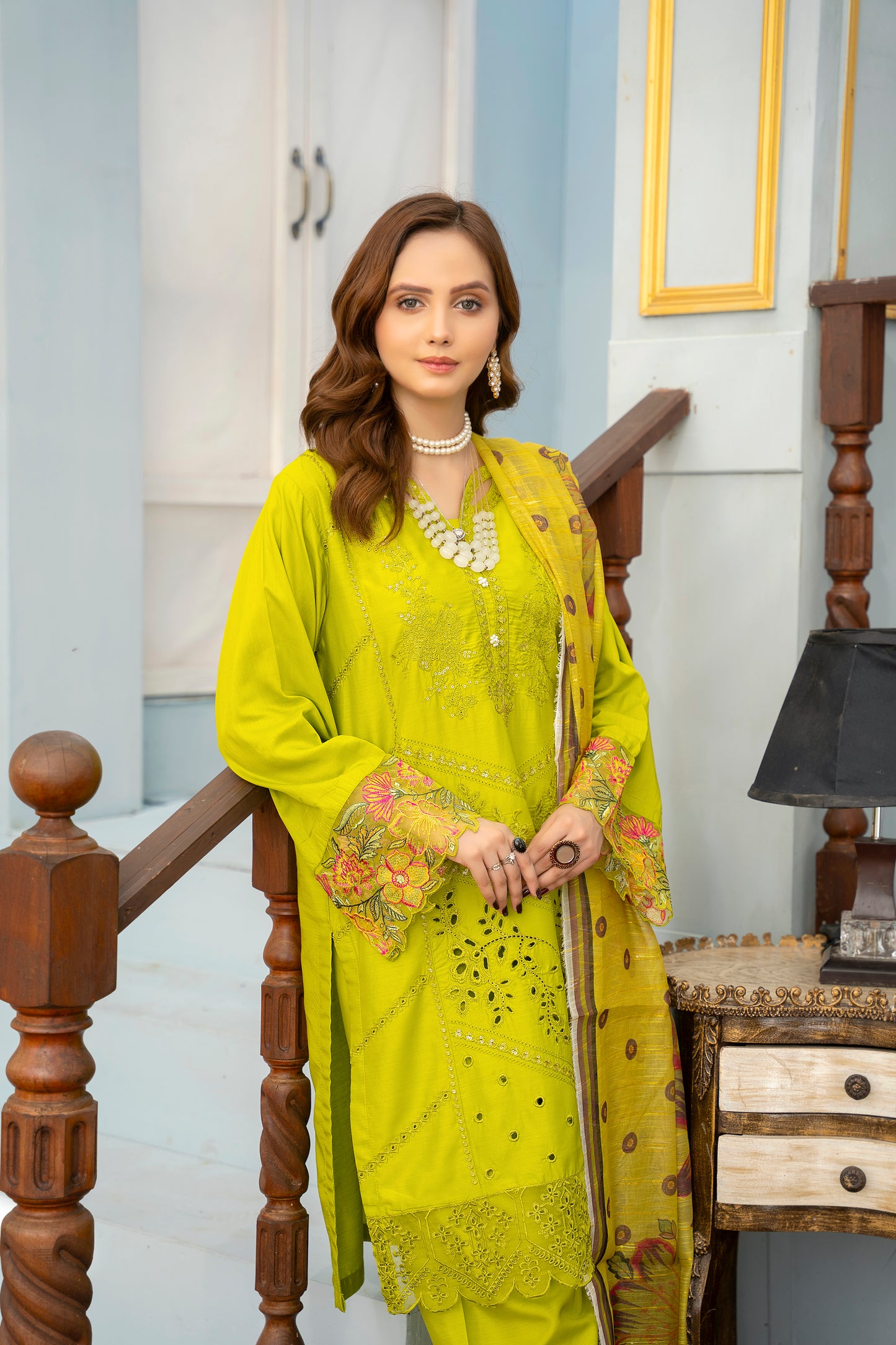 3 PC | Green Embroidered Viscose