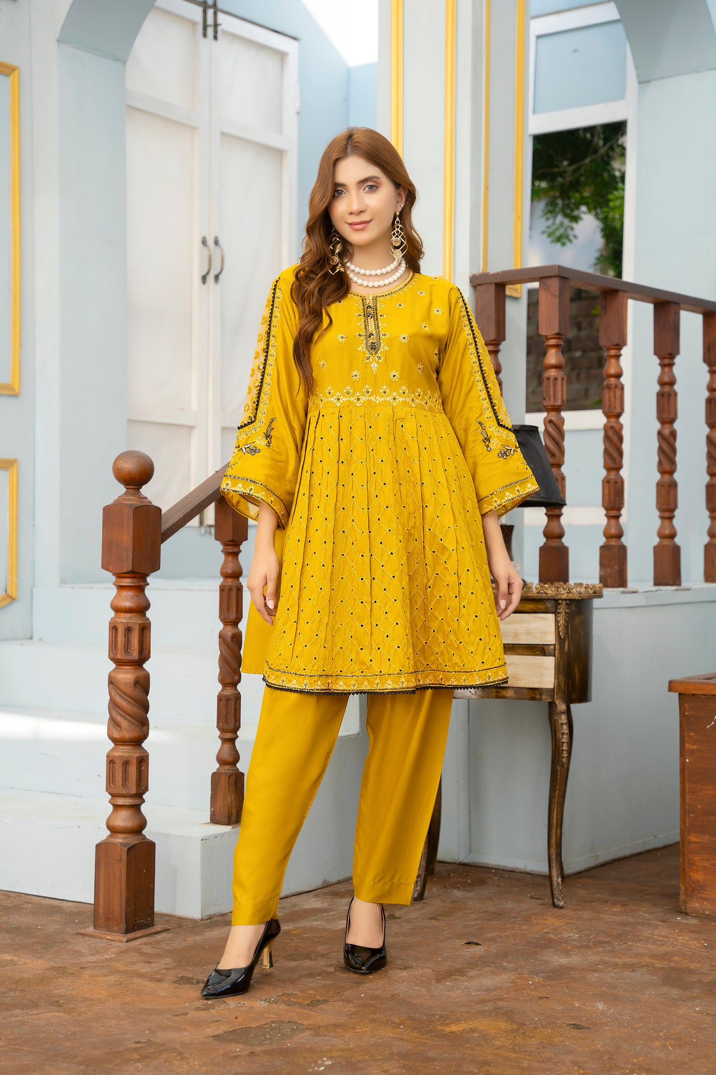 2 PC | Yellow Embroidered Viscose