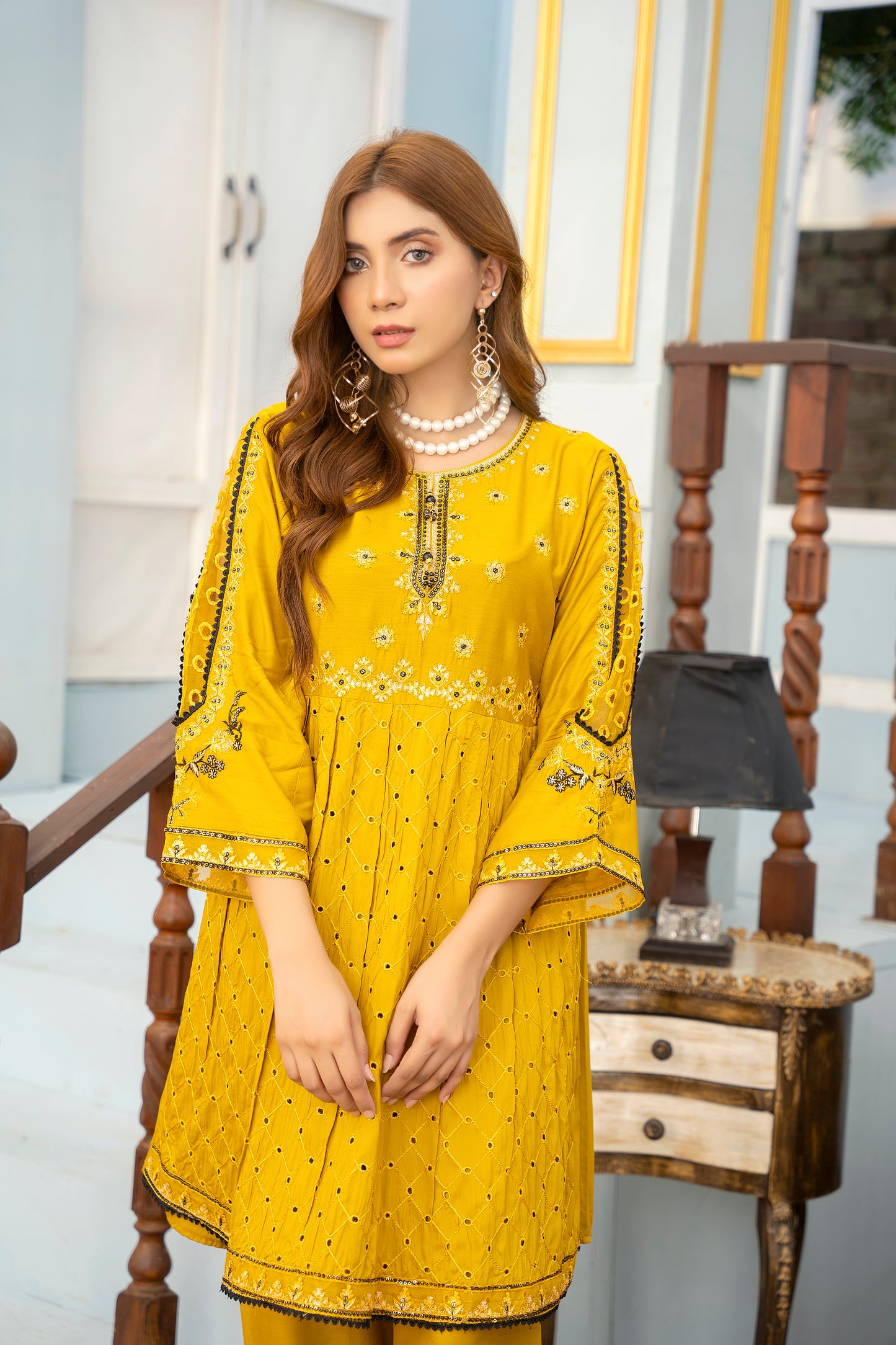 2 PC | Yellow Embroidered Viscose