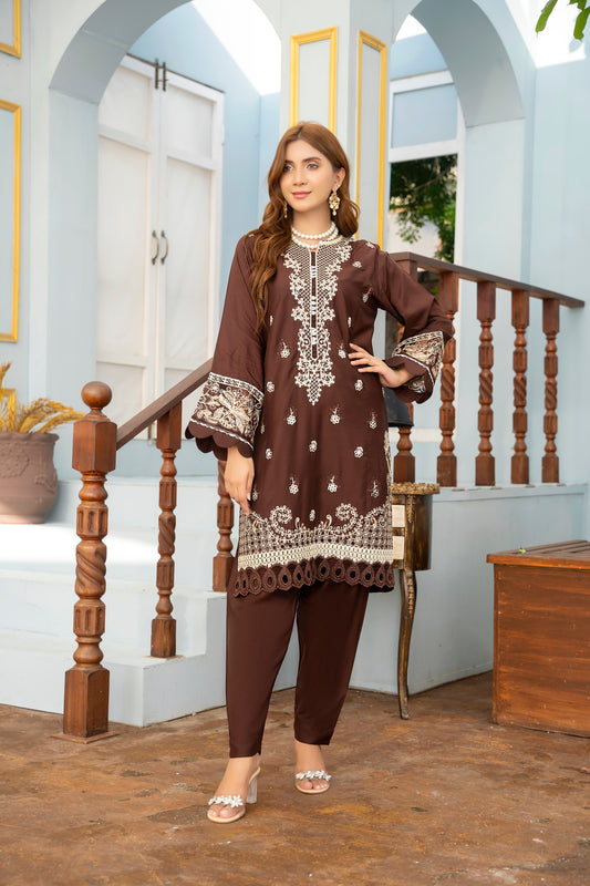 2 PC | Brown Embroidered Viscose